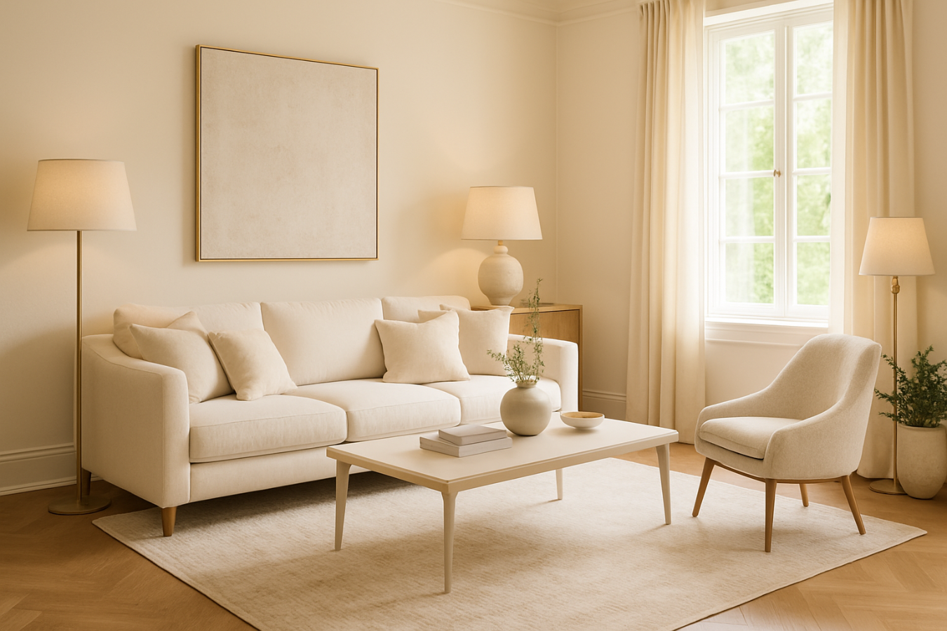 A stylish creme theme living room with stylish furniture